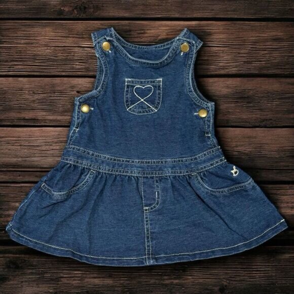 Faded Glory Baby Girl Denim Jumper Dress 6-9M Organic Cotton Heart Pocket Retro - Picture 1 of 7